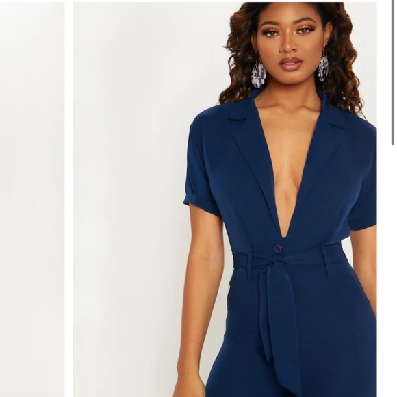 Navy Tailored Tie Waist Wide Leg Jumpsuit - Picture 2 of 5